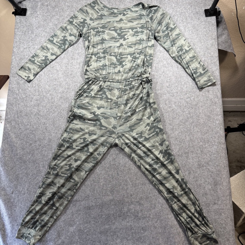 PrettyGarden Womens Camouflage Jumpsuit L Green Camo Long Sleeve Romper Joggers